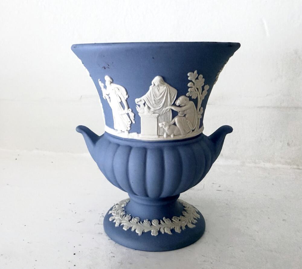 Wedgwood Portland Blue Jasperware Campana Urn Vase Classical Relief England